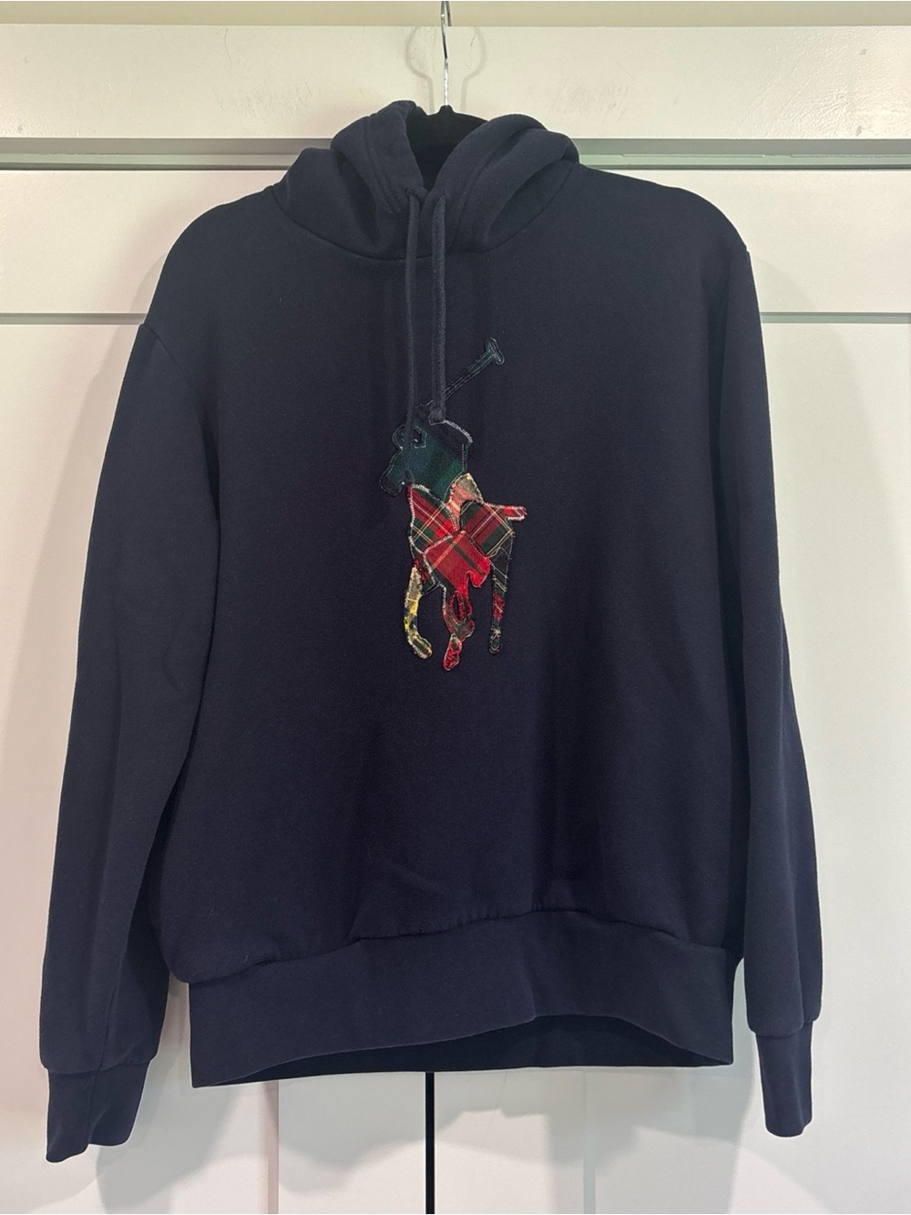 Polo Ralph Lauren Men's Navy Plaid Patchwork Big Pony Hoodie Sweatshirt Medium
